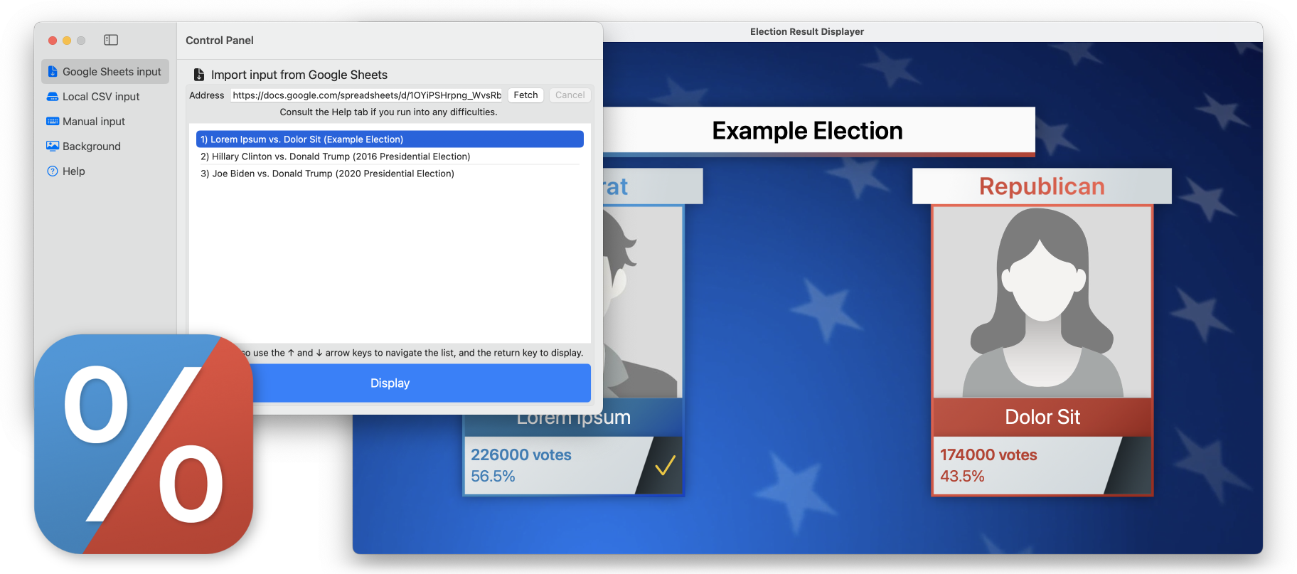 Screenshot of election result displayer app